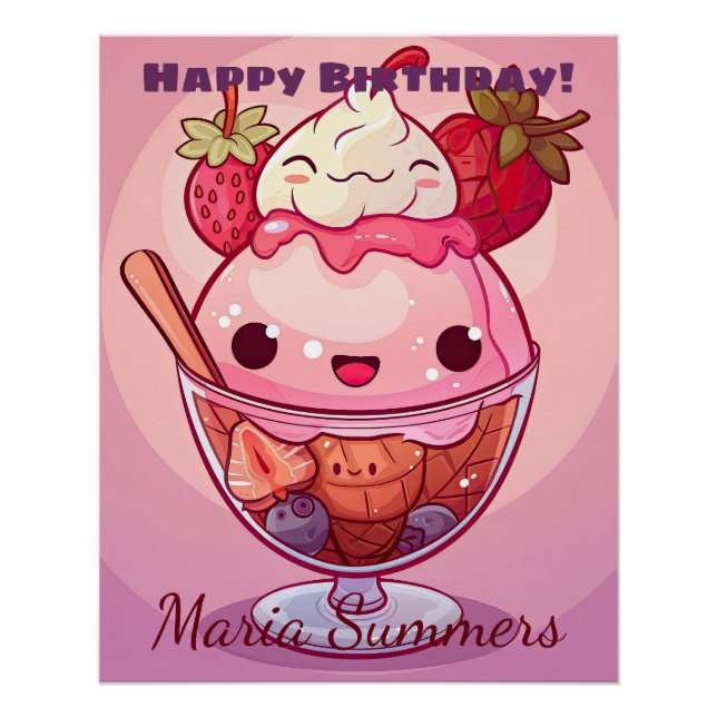 Pôster Feliz Aniversário Morango Sorvete Kawaii (Frente)