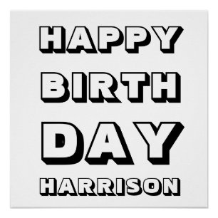 Pôster Feliz Aniversário negro, branco, nome personaliza