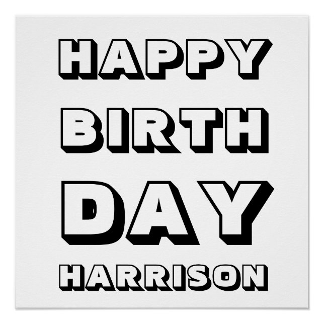 Pôster Feliz Aniversário negro, branco, nome personalizad (Frente)