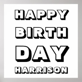 Poster Feliz Aniversário negro branco nome personalizado