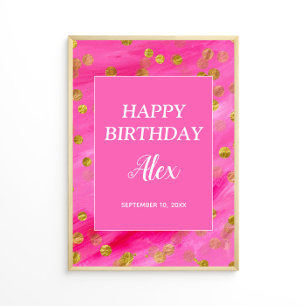 Poster Feliz Aniversário Nome Data Dourado Brilho Rosa Vi