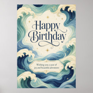Poster Feliz Aniversário Ondas do Oceano Fluindo