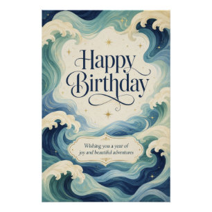 Pôster Feliz Aniversário Ondas do Oceano Fluindo