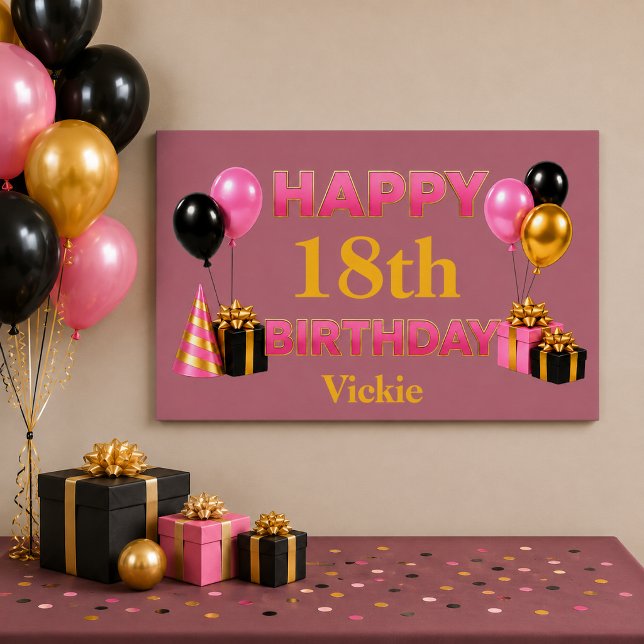 Pôster Feliz Aniversário Qualquer Idade Dourado Rosa (Criador carregado)