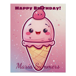Pôster Feliz Aniversário Sorvete de Cereja Kawaii Cartoon