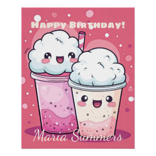 Pôster Feliz Aniversário Sorvete De Creme De Neve Kawaii