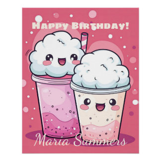 Pôster Feliz Aniversário Sorvete De Creme De Neve Kawaii