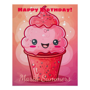 Pôster Feliz Aniversário Sorvete Italiano Kawaii Cartoon