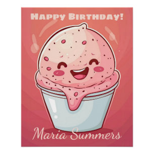 Pôster Feliz Aniversário Sorvete Sherbet Kawaii Cartoon