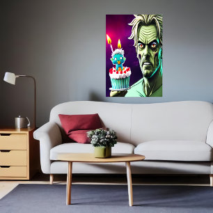 Poster Feliz aniversário, zumbi, bolo Arte AI