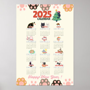 Poster Feliz Ano Mew 2025 calendário de parede para amant
