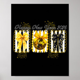 Poster Feliz Ano Novo 2026 Bola de Discoteca Dourada Laço