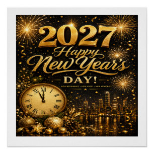 Pôster Feliz Ano Novo 2027 Fogos de Artifício Luxuosos
