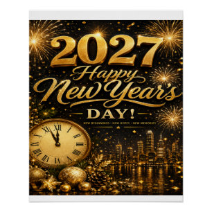 Pôster Feliz Ano Novo 2027 Fogos de Artifício Luxuosos