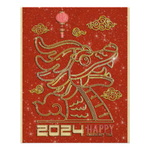 Pôster Feliz Ano Novo Chinês Vermelho Dourado do Dragão 2