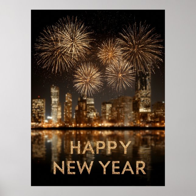 Poster "Feliz ano novo" com o Fireworks sobre uma cidade (Frente)