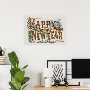 Poster Feliz Ano Novo em Troncos de Árvores, Bolotas e Fl