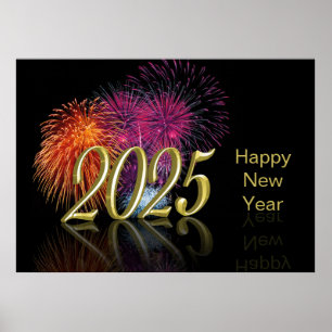 Poster Feliz ano novo Fireworks Dourado 2025