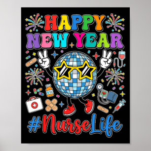 Poster Feliz Ano Novo Groovy 2026 Enfermeira Vida Bola de