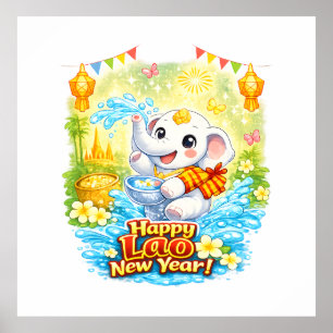 Poster Feliz Ano Novo Lao – Elefante Branco Fofo Pi Mai L