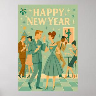 Poster Feliz Ano Novo Meados do Século A Dança do Martini