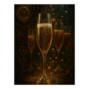 Pôster Feliz Ano Novo Steampunk Champagne Glamouroso