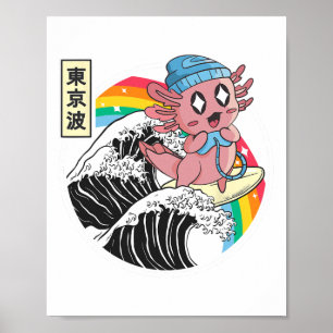 Poster Feliz Axolote de Jogos Surfando a Onda de Kanagawa