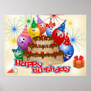 Poster Feliz Balões de Aniversário Engraçado e Bolo de Ch