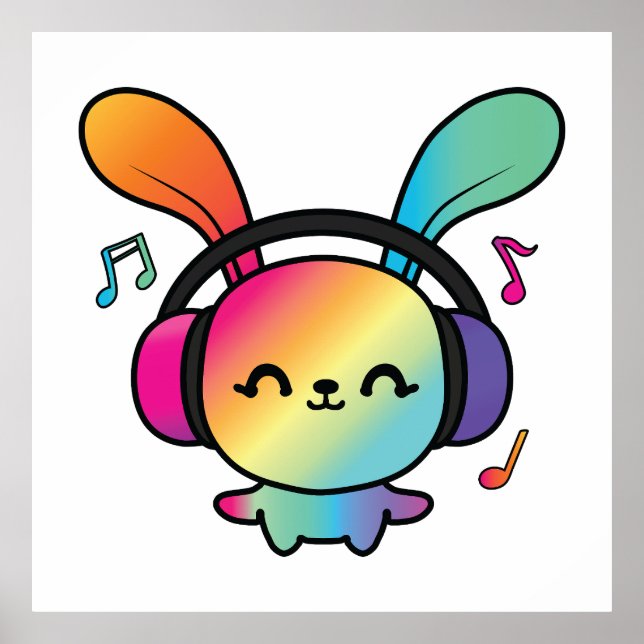 Poster Feliz Bunny com fones de ouvido ouvindo música. (Frente)