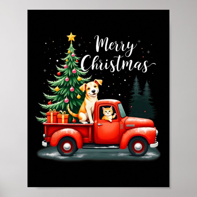 Poster Feliz Caminhão Vermelho de Natal com Cão &amp; Gat (Frente)