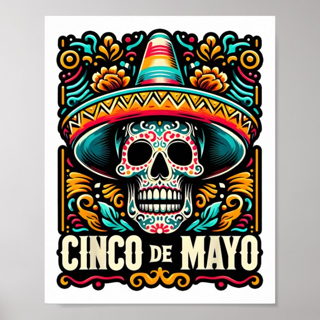 Poster Feliz Cinco De Mayo Skeleton Skull Sombrero Mexica (Frente)