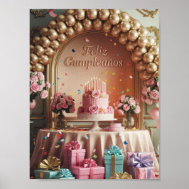 Poster “Feliz Cumpleaños” Rosa Elegante e Dourado de Aniv