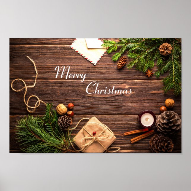 Poster Feliz Design de madeira de Natal (Frente)