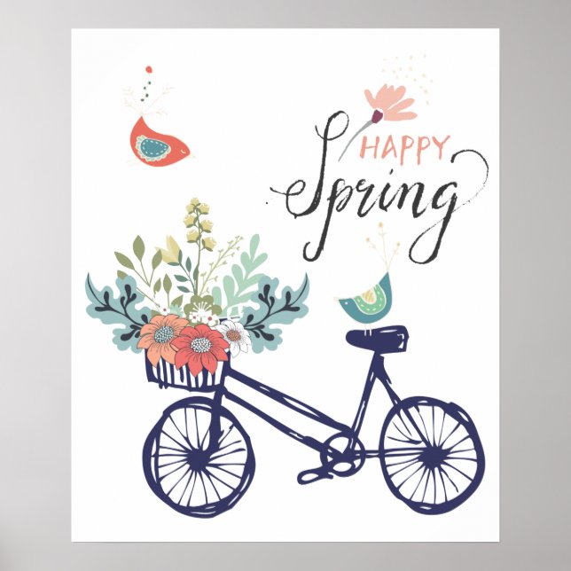 Poster Feliz design de primavera: bicicleta, flores e ave (Frente)