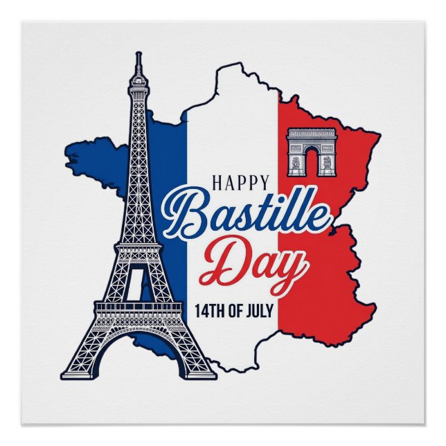 Pôster Feliz Dia da Bastilha França Mapa Torre Eiffel Vec (Frente)