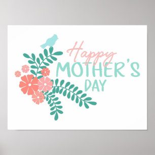 Poster Feliz dia das mães floral fofo primavera passarinh