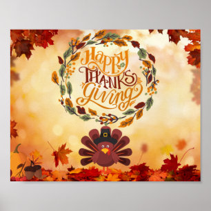 Poster Feliz Dia de Ação de Graças à Turquia e Folhas de