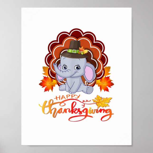 Poster Feliz Dia de Ação de Graças da Turquia, elefante e (Frente)