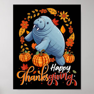 Poster Feliz Dia de Ação de Graças Manatim Em Folhas Abób