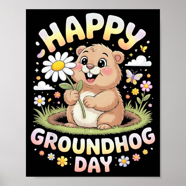 Poster Feliz Dia do Groundhog 2026 Groundhog Fofo Com Flo (Frente)