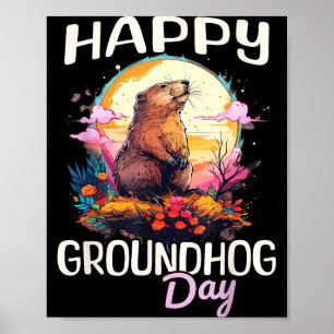 Poster Feliz Dia do Groundhog Arte Gráfica Vintage Fofo p