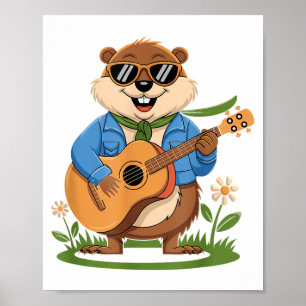 Poster Feliz Dia do Groundhog Tocando Violão Lo Funny Ani