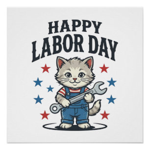 Pôster Feliz Dia do Trabalhador Gato Patriota Desenho Vin