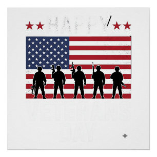 Pôster Feliz Dia dos Veteranos Silhueta da Bandeira Desen