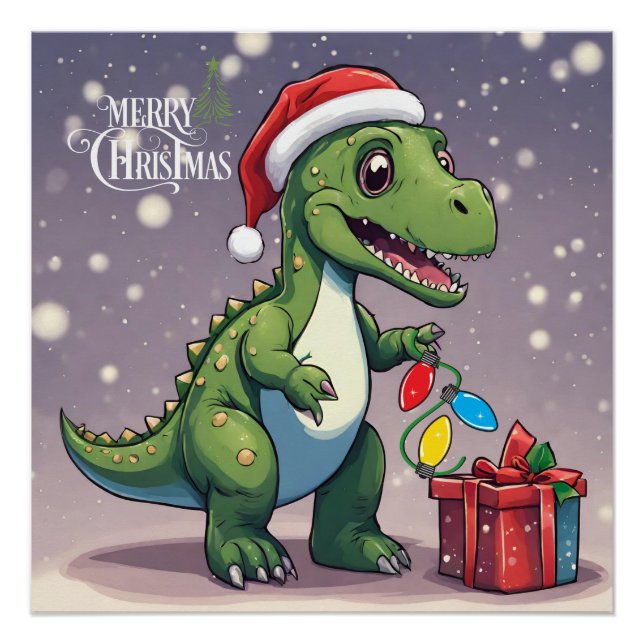 Pôster Feliz Dinossauro de Natal com Presente (Frente)