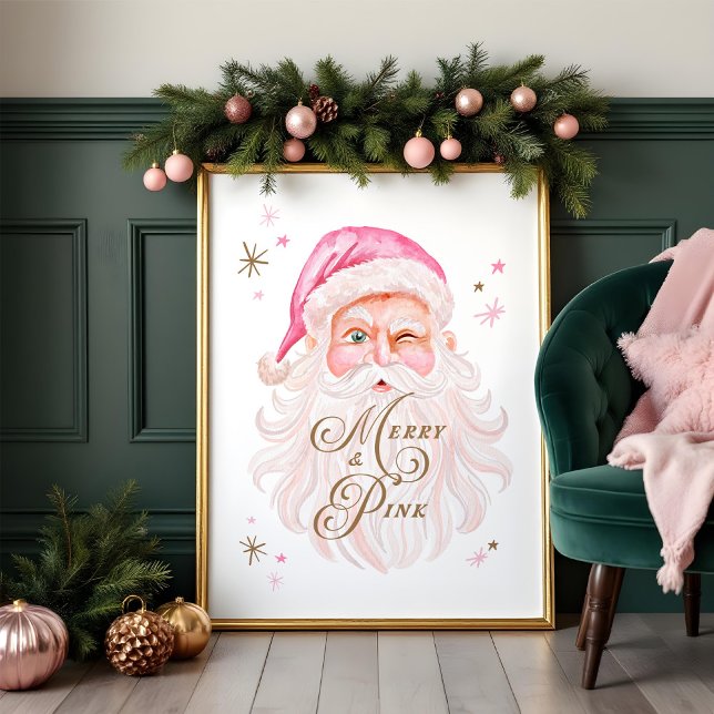 Poster Feliz e cor-de-rosa Papais noeis retrorreflectores (Merry & Pink Classic Christmas Retro Pink Santa Poster)