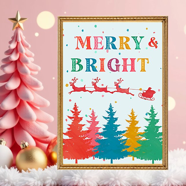 Poster Feliz e Natal Brilhante (Merry and Bright Colorful Christmas wall art. Hand painted typography and holiday details.)