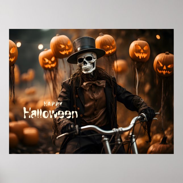 Poster Feliz esqueleto de Halloween e abóboras (Frente)