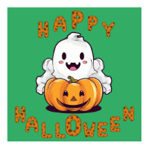 Feliz Fantasma do Halloween sentado numa abóbora