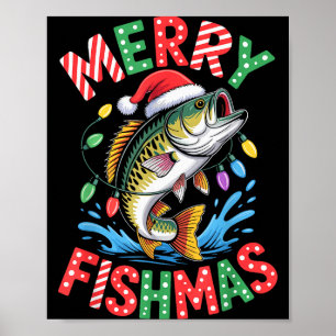 Poster Feliz Fishmas Chapéu do Papai Noel B Pesca Natal P